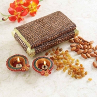 Metal Crafted Wooden Box with Dryfruits and Diyas